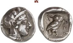 KELTISCHE & GRIECHISCHE MÜNZEN GRIECHISCHE MÜNZEN. ATTICA. ATHEN AR-Drachme, um 454/404 v. Chr.; 4,23 g. Athenakopf r. mit attischem Helm//In Incusum: Eule r., dahinter Olivenzweig. SNG München 60 ff.
