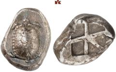 KELTISCHE & GRIECHISCHE MÜNZEN GRIECHISCHE MÜNZEN. AEGINA. AEGINA AR-Stater, 445/430 v. Chr.; 12,05 g. Landschildkröte//Fünffach geteiltes Incusum. Hoover 437; SNG Delepierre 1536. R Feine Tönung, hoh