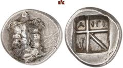 KELTISCHE & GRIECHISCHE MÜNZEN GRIECHISCHE MÜNZEN. AEGINA. AEGINA AR-Stater, 350/338 v. Chr.; 12,18 g. Landschildkröte//Fünffach geteiltes Incusum, darin Α-ΙΓΙ und Delphin. Hoover vergl. 439; Milbank 