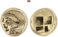 KELTISCHE & GRIECHISCHE MÜNZEN GRIECHISCHE MÜNZEN. MYSIA. KYZIKOS El-Hekte, 550/500 v. Chr.; 2,60 g. Geflügelte Eberprotome l., darunter Thunfisch//Viergeteiltes Incusum. Hurter/Liewald, Neue Nominale