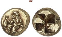 KELTISCHE & GRIECHISCHE MÜNZEN GRIECHISCHE MÜNZEN. MYSIA. KYZIKOS El-1/12 Stater, 500/450 v. Chr.; 1,34 g. Satyr im Knielauf l. mit Thunfisch//Viergeteiltes Incusum. SNG France -; v. Fritze 122. RR Gu