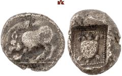 GRIECHISCHE MÜNZEN GRIECHISCHE MÜNZEN. LYCIA Frühdynastische Prägungen. AR-Stater, 470/440 v. Chr.; 8,82 g. Eber l.//In Quadratum incusum: Landschildkröte. Müseler II, 33; SNG v. Aulock 4071. RR Schön