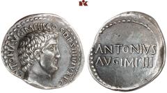 RÖMISCHE, BYZANTINISCHE & ORIENTALISCHE MÜNZEN RÖMISCHE MÜNZEN. IMPERATORISCHE PRÄGUNGEN. Marcus Antonius, † 30 v. Chr AR-Denar, 32 v. Chr., Athen; 3,42 g. Kopf r.//ANTONIVS/AVG IMP III. Bab. 96; BMC 