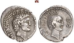 RÖMISCHE MÜNZEN IMPERATORISCHE PRÄGUNGEN. Marcus Antonius, † 30 v. Chr - und Lucius Antonius. AR-Denar, 41 v. Chr., Ephesos, M. Cocceius Nerva; 3,84 g. Beiderseits Kopf r. Bab. 48; BMC 107; Crawf. 517