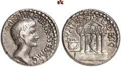 RÖMISCHE MÜNZEN IMPERATORISCHE PRÄGUNGEN. Octavianus AR-Denar, 36 v. Chr., italische Münzstätte; 3,99 g. Kopf r.//Viersäuliger Tempel des Divus Julius, darin Statue des Divus Julius, im Pediment Komet