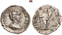 RÖMISCHE MÜNZEN MÜNZEN DER RÖMISCHEN KAISERZEIT. Didius Julianus, 193 - für Didia Clara. AR-Denar, Rom; 2,86 g. Drapierte Büste r.//Hilaritas steht l. mit Palmzweig und Füllhorn. BMC 14; Coh. 3; RIC 1