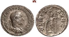 RÖMISCHE MÜNZEN MÜNZEN DER RÖMISCHEN KAISERZEIT. Gordianus II. Africanus, 238 AR-Denar, Rom; 2,36 g. Drapierte Büste r. mit Lorbeerkranz//Virtus steht l. mit Speer und Schild. BMC 30; Coh. 14; RIC 3. 