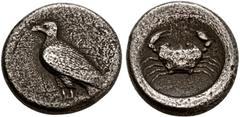 GREEK COINS SICILIA AKRAGAS. AR-Didrachme, 488/478 v. Chr.; 8,22 g. Adler steht l.//Krebs, darunter steht Vogel l. Westermark, Akragas vergl. 213 ff. (O76/R -). Min. korrodiert, schön-sehr schön Exemp
