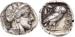 GREEK COINS ATTICA ATHEN. AR-Tetradrachme, um 440/420 v. Chr.; 17,2 g. Athenakopf r. mit attischem Helm//In Incusum: Eule r., dahinter Olivenzweig und Mondsichel. Flament Gruppe II. Etwas Hornsilber, 