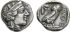 GREEK COINS ATTICA ATHEN. AR-Tetradrachme, um 420/405 v. Chr.; 17,17 g. Athenakopf r. mit attischem Helm//In Incusum: Eule r., dahinter Olivenzweig und Mondsichel. Flament Gruppe III. Gutes sehr schön