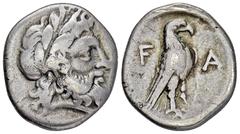GREEK COINS PELOPONNESUS ELIS. OLYMPIA. AR-Hemidrachme, um 352/348 v. Chr.; 2,68 g. Zeuskopf r. mit Lorbeerkranz//Adler steht r., davor Olivenzweig. Slg. BCD 143. Feine Patina, Prägeschwächen, sehr sc