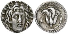 GREEK COINS CARIA RHODOS. AR-Didrachme, 250/230 v. Chr., Magistrat Agesidamos; 6,67 g. Helioskopf fast v. v.//Rose, l. läuft Artemis r. mit Fackel. Ashton, The Coinage of Rhodes vergl. 206; SNG Keckma