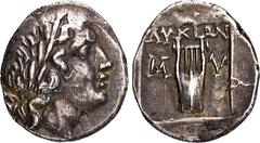 GREEK COINS LYCIA MYRA. AR-Drachme, 167/81 v. Chr.; 3,04 g. Apollokopf r. mit Lorbeerkranz//Lyra. Troxell 28.2 a (dies Exemplar). Feine Tönung, gutes sehr schön Exemplar der Auktion Auctiones 23, Base