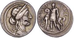 ROMAN COINS MÜNZEN DER RÖMISCHEN REPUBLIK AR-Denar, 55 v. Chr., Rom, P. Licinius Crassus M. f.; 3,87 g. Drapierte Büste der Venus r. mit Lorbeerkranz und Diadem//Figur steht l. mit Speer und hält Pfer