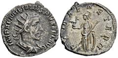 ROMAN COINS MÜNZEN DER RÖMISCHEN KAISERZEIT Aemilianus, 253. AR-Antoninian, Rom; 3,38 g. Drapierte Büste r. mit Strahlenbinde//Roma steht l. mit Phönix auf Globus, Speer und Schild. Coh. 41; RIC 9. R 