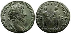 Roman Imperial Marcus Aurelius (161-180 AD.) AE Sestertius (30mm, 23,70g.) Rome, March - December 161 AD. IMP CAES M AVREL ANTONINVS AVG P M Bare-headed and cuirassed bust of Marcus Aurelius to right.