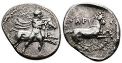 Greek Thessaly, Larissa. Circa 420-400 BC. AR Drachm (22 mm, 6.09g.). The hero Thessalos naked on the right, with chlamys and petasos fluttering on his shoulders; holds a band with both hands around t
