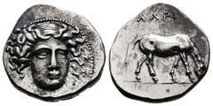 Greek Thessaly, Larissa. Circa 400-380 BC. AR Drachm. (20mm, 6,13 g.) Head of the nymph Larissa facing, turned slightly to right. Rev. ΛΑΡΙ Horse with straight legs grazing to right. BCD 1140 (not the
