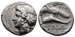 Greek Paphlagonia, Sinope. Circa 330-300 BC. AR Drachm (18mm, 5,58 g.) OIA..., magistrate. Head of the nymph Sinope to left, wearing a sakkos but part of her curly hair fall gently down covering her n