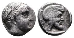 Greek Mysia, Pergamon. Circa 450 BC. AR Diobol (11mm, 1.59 g.). Laureate head of Apollo right. Rev. Bearded head right, wearing Persian tiara, within incuse square. Von Fritze, Pergamon pl. I, 1; Mørk