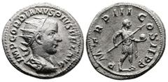 Roman Imperial Gordian III 238-244 AD. AR Antoninianus (22mm, 3,89 g.). Rome, 242-3 AD. IMP GORDIANVS PIVS FEL AVG, radiate, draped and cuirassed bust of Gordian right. Rev. PM TR P III COS II P P, Go