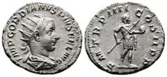 Roman Imperial Gordian III 238-244 AD. AR Antoninianus (21mm, 3,35 g.). Rome, 241-3 AD. IMP GORDIANVS PIVS FEL AVG, radiate, draped and cuirassed bust of Gordian right. Rev. PM TR P IIII COS II P P, G