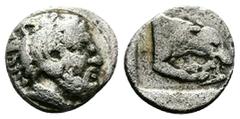 Greek Kings of Macedon. Archelaos, 413-400/399 BC. AR Triobol (11 mm, 0.93 g.). Aigai mint. Bearded head of Herakles to right, wearing lion's skin headdress. Rev. [AP] Χ Forepart of wolf right, gnawin