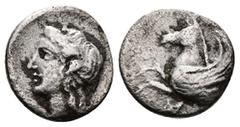 Greek Akarnania, Anaktorion. Circa 330-300 BC. AR Triobol or Hemidrachm (11mm, 1.08 g.). Forepart of Pegasos right; AN monogram below. Rev. Laureate head of Apollo left. Imhoof-Blumer, Akarnaniens 15;