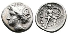 Greek Lokris, Lokris Opuntii. Circa 356-338 BC. Triobol (Silver, 15 mm, 2.61 g, 6 h). Head of Persephone to left, wearing wreath of grain leaves and triple-pendant earring. Rev. ΟΠΟΝΤΙΩ-Ν Ajax, nude b