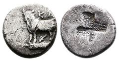 Greek Bithynia, Kalchedon ca. 387-340 BC. AR Triobol or 1/2 Siglos (13 mm, 2.39g.) Bull standing left KA above. Rev. Mill sail incuse. BMC 125, 10. Off center, otherwise Very Fine. Rare denomination.