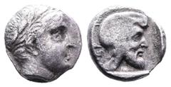 Greek Mysia, Pergamon. Circa 450 BC. AR Diobol (11mm, 1.59 g.). Laureate head of Apollo right. Rev. Bearded head right, wearing Persian tiara, within incuse square. Von Fritze, Pergamon pl. I, 1; Mørk