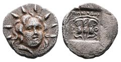 Greek Islands off Caria, Rhodos. Rhodes. Circa 170-150 BC. AR Hemidrachm (11,6mm. 1,08g.). 'Plinthophoric' coinage. Radiate head of Helios facing slightly right. Rev. P-O Rose with bud to right; all w
