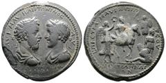 Roman Provincial Lesbos, Mytilene. AE Μedallion (43 mm. 38,96 g.). AD 177-192. AY K M AYRH ANTONINOC AV KOMODOC, confronted busts of Marcus Aurelius right and Commodus left, both laureate, draped and 