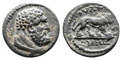Roman Provincial Lydia, Thyateira. AE (14,2 mm. 1,7 g.). AD 193-235. Bearded head of Herakles right, lionskin knotted around neck. Rev. ΘVΑTЄIPH / NΩN, lion walking right. SNG Lewis 1372; SNG Fitz. 48
