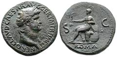 Roman Imperial Nero, AD 54-68. AE Sestertius. (36,4mm. 27,4 g.). AD 65, Lyons mint. NERO CLAVD CAESAR AVG GER PM TR P IMP P P, laureate head right, small globe at point of neck. Rev. ROMA, Roma sittin