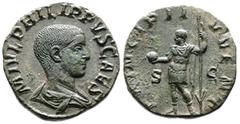 Roman Imperial Philip II, AD 244–249. AE Sestertius. (27,8 mm. 12,87 g.). Rome. M IVL PHILIPPVS CAES, bare-headed, draped bust right. Rev. PRINCIPI IVVENT S-C, Philip II standing left, holding globe a