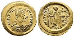 Byzantine Empire Justinianus I. AD 518-527. AV Solidus (21,4 mm. 4,47 g.). Constantinople. D N IVSTINIANVS P P AVG, helmeted and cuirassed bust facing three-quarters to right, holding spear over shoul