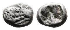 Greek Kings of Lydia, Kroisos circa 561-546 BC. AR 1/24 Stater (6,67mm. 0,43g.). Sardes. Confronted foreparts of lion to right and bull to left. Rev. Incuse punch. GRPC Lydia S10; SNG Tübingen 3652-3.