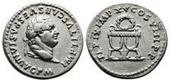 Roman Imperial Titus, 79-81 AD. AR Denarius (18 mm, 3.22 g.). Rome, January-June 80 AD. IMP TITVS CAES VESPASIAN AVG P M (legend partialy retrograde) Laureate head of Titus to right. Rev. TR P IX IMP 