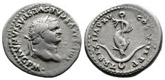 Roman Imperial Titus, 79-81 AD. AR Denarius (19 mm, 3,41 g.). Rome, 80 AD. IMP TITVS CAES VESPASIAN AVG P M Laureate head of Titus to right. Rev. TR P IX IMP XV COS VIII P P Dolphin coiled around anch