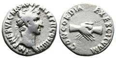 Roman Imperial Nerva, 96-98 AD. AR Denarius (17 mm, 3,42 g.). Rome, 97 AD. IMP NERVA CAES AVG P M TR P II COS III P P Laureate head of Nerva to right. Rev. CONCORDIA EXERCITVVM Clasped right hands. BM