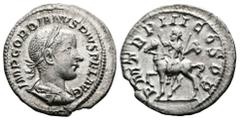 Roman Imperial Gordian III, 238-244 AD. AR Denarius (21 mm, 3.36 g.). Rome, 240 AD. IMP GORDIANVS PIVS FEL AVG Laureate, draped and cuirassed bust of Gordian III to right. Rev. P M TR P III COS P P Go