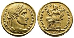 Roman Imperial Constantine I, AD 307-337. AV Solidus. (18,2 mm. 4,43 g.). Ticinum. CONSTANTINVS P F AVG, laureate head right. Rev. CONCORDIA AVGG NN, Concordia seated left, holding caduceus in right h