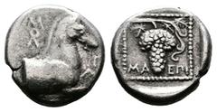 Greek Thrace, Maroneia,circa 398/7 - 386/5 BC. AR Triobol (14mm, 2,70g.). Forepart of horse to right, ΜΟΛ−Π−Ο in the fields. Rev. ΜΑ EΠΙ Grape bunch on vine; all within dotted linear square in shallow