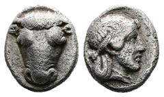 Greek Phokian League, Phokis. Federal coinage, circa 425 - 400 BC. AR Triobol (13mm, 2,42g.). Frontal bull’s head, the hair in ringlets. Rev. Head of Artemis right. Same or very similar to BCD 263.2 (