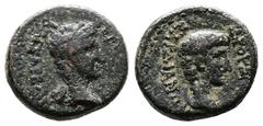 Roman Provincial Lydia, Sardes. Germanicus and Drusus. AE (15,7 mm. 3,3 g.). AD 5-19. ΓΕΡΜΑΝΙΚΟΣ ΚΑΙΣΑΡΕΩΝ, bare head of Germanicus right. Rev. ΔΡΟΥΣΟΣ ΣΑΡΔΙΑΝΩΝ, bare head of Drusus right. RPC I 2992