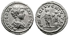 Roman Imperial Geta, as Caesar, 198-209 AD. AR Denarius (19 mm, 3,24 g.). Rome, 201-202 AD. P SEPT GETA CAES PONT Bare-headed and draped bust of Geta to right, seen from behind. Rev. PRINC IVVENTVTIS 