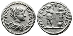 Roman Imperial Geta, as Caesar, 198-209. AR Denarius (18.3 mm, 3.11 g.), Rome mint, AD 201-202. P SEPT GETA CAES PONT, bare-headed and draped bust of Geta to right, seen from behind. Rev. PRINC IVVENT