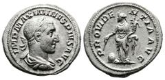 Roman Imperial Maximinus I Thrax, 235-238. AR Denarius (20.5 mm, 3.01 g.), Rome mint, AD 235-236. IMP MAXIMINVS PIVS AVG Laureate, draped and cuirassed bust of Maximinus I to right, seen from behind. 