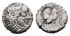 Greek Thrace. Dikaia, circa 480-450 BC. AR Triobol (11.3 mm, 1.77 g). Head of Herakles to right, wearing lion’s skin. Rev. Cock standing right in dotted square within shallow incuse square. BMC 3; HGC